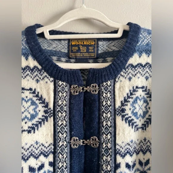 Woolrich vintage Navy and White Nordic Wool Cardigan size large - Picture 3 of 6